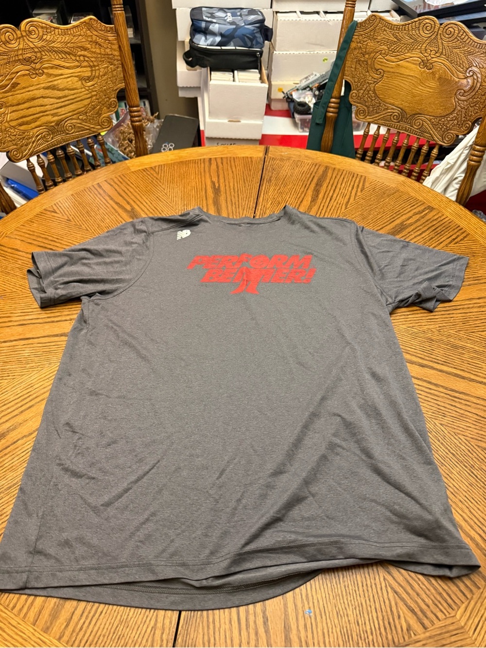 New Balance Gray Short Sleeve Performance Tee with Red Graphic